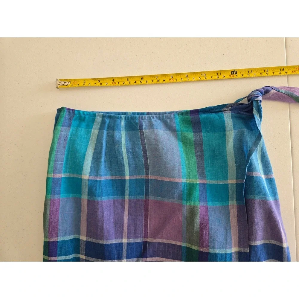 Lauren Ralph Lauren Womens 2 Petite Wrap Skirt Blue Plaid Linen Midi Preppy